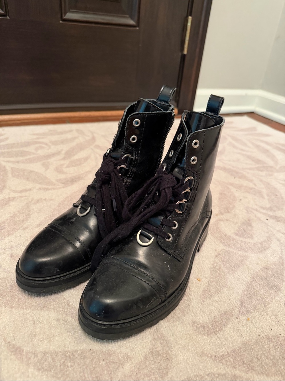 All Saints Black Leather Lace-Up Combat Boots with Metal Eyelets